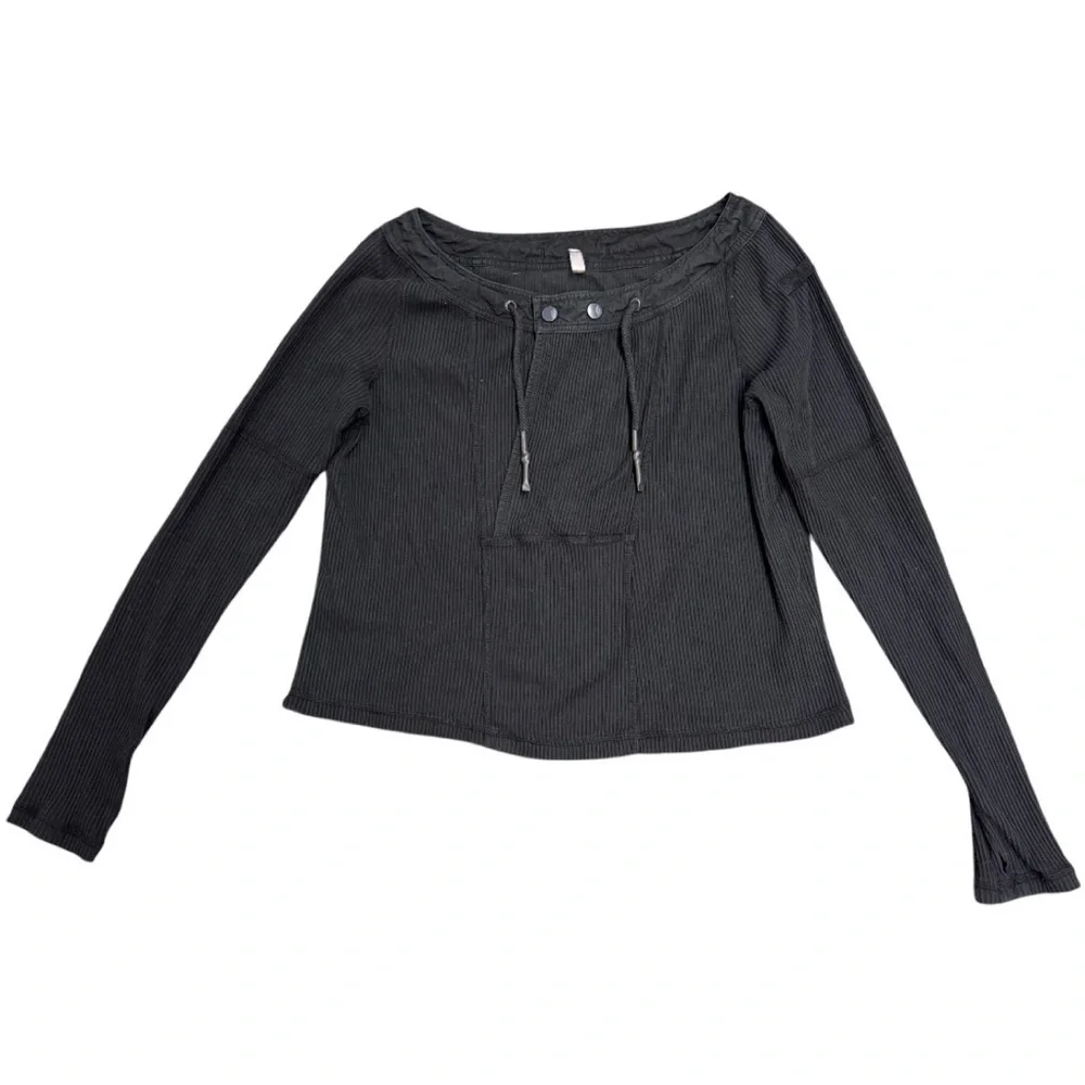 Free People Movement Ribbed Drawstring Neck Knit Top Small